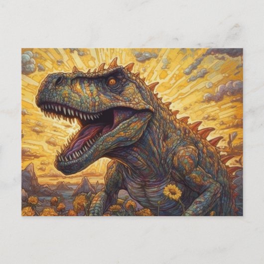 T-rex auf einem Sonnenblumenfeld Postkarte (Vorderseite)