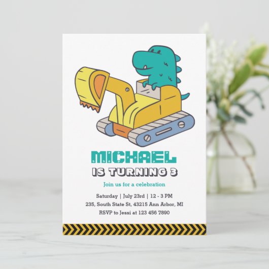 T-Rex Baggerbauer Kindergeburtstag Einladung (Stehend Vorderseite)