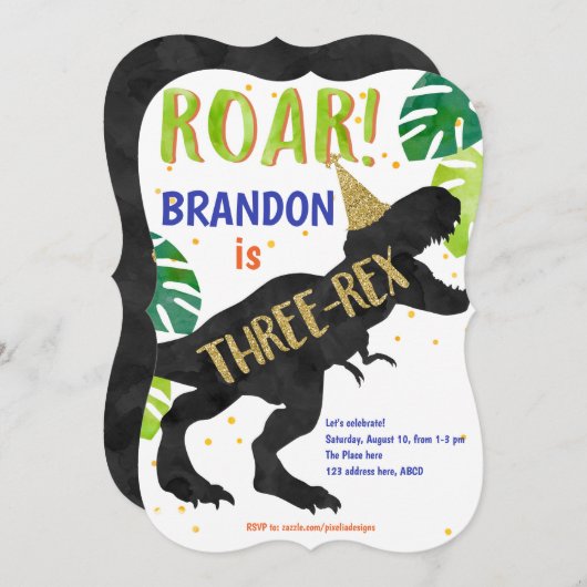 T-Rex, Boy, Dritter Geburtstag, Dinosaurier Einladung (Vorne/Hinten)