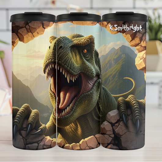 T-Rex Breaking Rock Mountainside Roar Thermosbecher