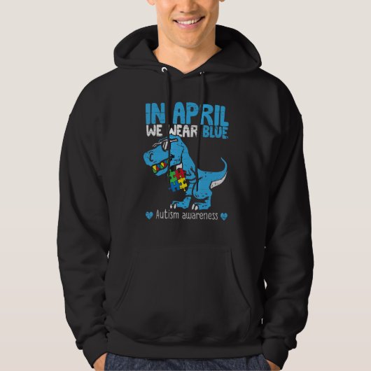 T Rex Dino im April tragen wir blaues Autismus Bew Hoodie (Vorderseite)