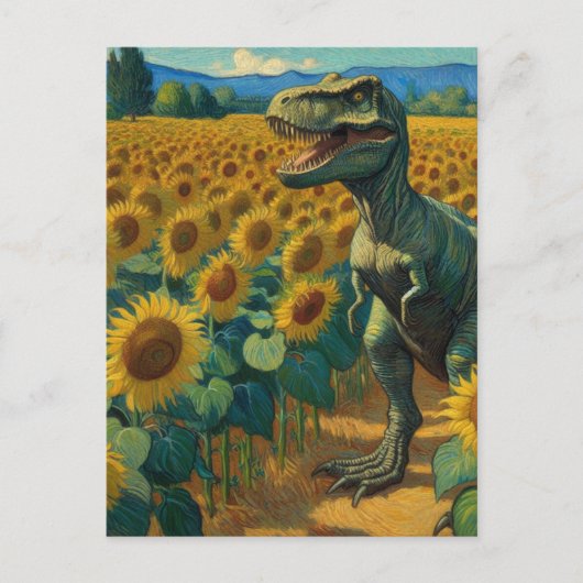 T-Rex Dino im Sonnenblumenfeld Van Gogh Postkarte (Vorderseite)