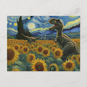 T-Rex Dinos in Van Gogh Starry Night Sonnenblumen Postkarte