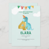 T-Rex Dinosaur 4. Geburtstag Einladung Kinder Part (Vorne/Hinten)