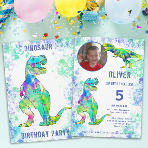 T. rex Dinosaur 5. Geburtstag Foto Grün Blau Einladung