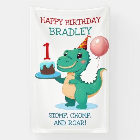 T Rex Dinosaur Add Age Happy Birthday Party Banner (Vertikal)
