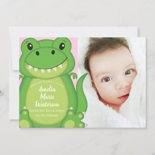 T-Rex Dinosaur Baby Announcement Pink Einladung (Vorderseite)