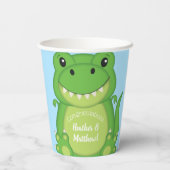 T-Rex Dinosaur Babydusche blau Pappbecher (Rückseite)