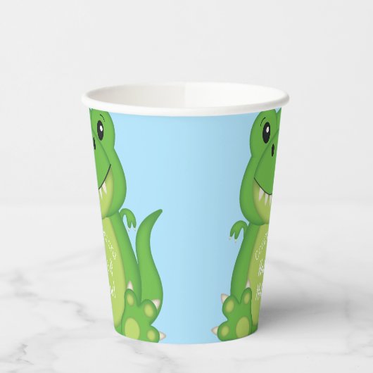 T-Rex Dinosaur Babydusche blau Pappbecher (Links)