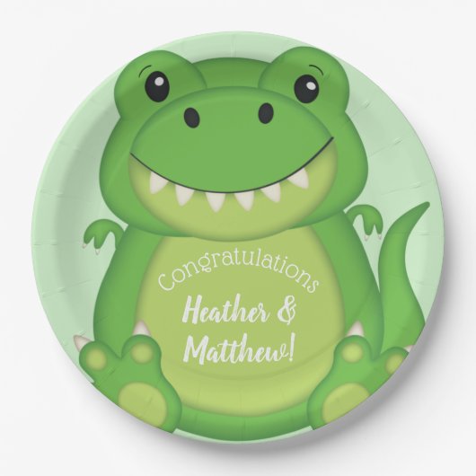 T-Rex Dinosaur Babydusche Grün Pappteller (Vorderseite)