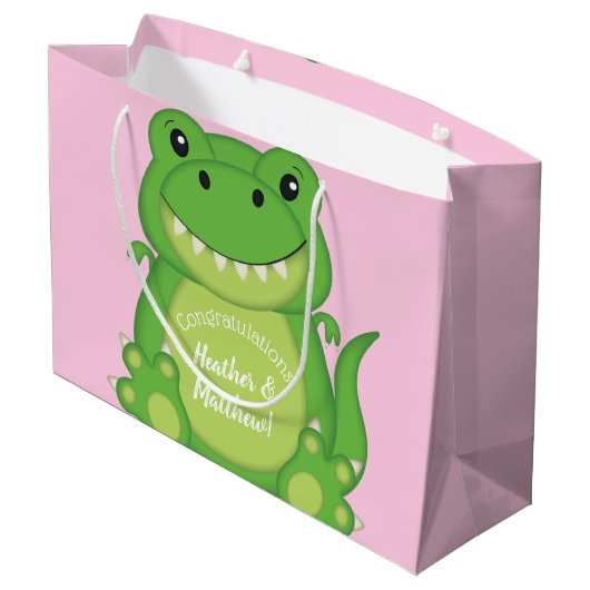 T-Rex Dinosaur Babydusche Pink Große Geschenktüte (Rückseite Schrägansicht)