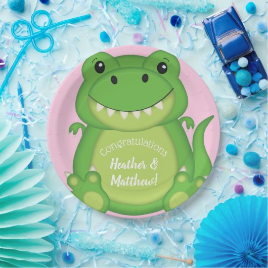 T-Rex Dinosaur Babydusche Pink Pappteller (Party)