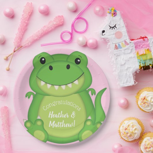 T-Rex Dinosaur Babydusche Pink Pappteller (Party)