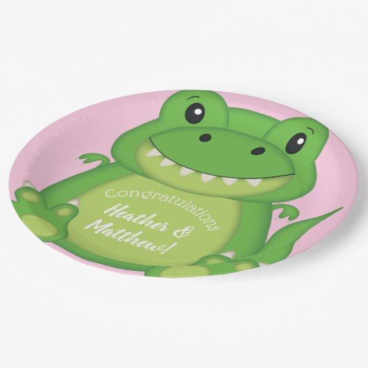 T-Rex Dinosaur Babydusche Pink Pappteller (Schrägansicht)