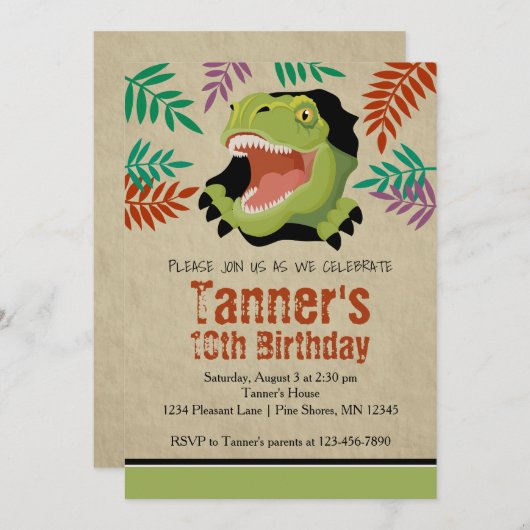 T Rex Dinosaur Geburtstag Einladungen Grün (Vorne/Hinten)