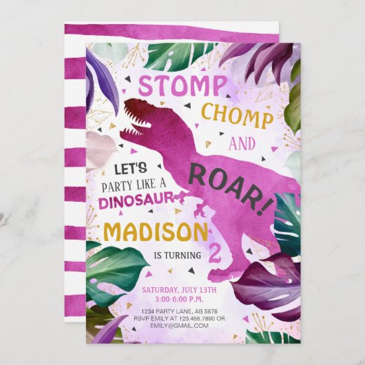 T Rex Dinosaur Girl Birthday Einladung (Vorne/Hinten)