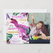 T Rex Dinosaur Girl Birthday Foto Einladung (Vorderseite)