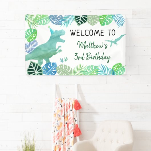 T-Rex Dinosaur Greenery Birthday Banner (Insitu)