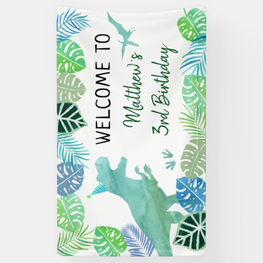 T-Rex Dinosaur Greenery Birthday Banner (Vertikal)