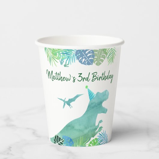 T-Rex Dinosaur Greenery Birthday Pappbecher (Rückseite)