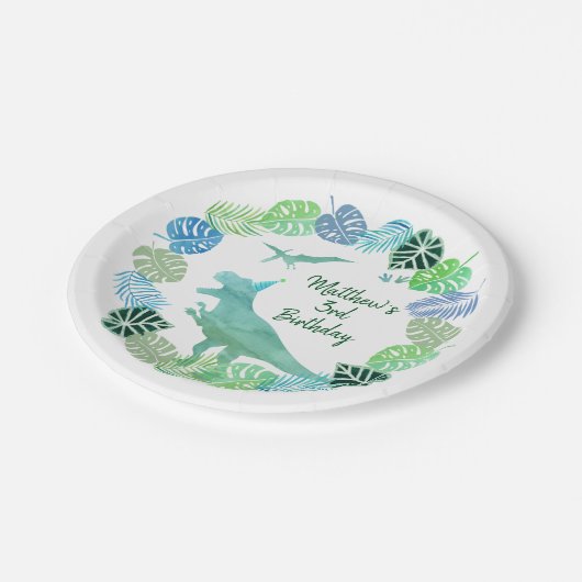 T-Rex Dinosaur Greenery Birthday Pappteller (Schrägansicht)