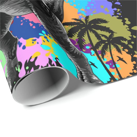 T-Rex Dinosaur Jurassic Reptile auf Paint Stains Geschenkpapier (Rolleneckpunkt)