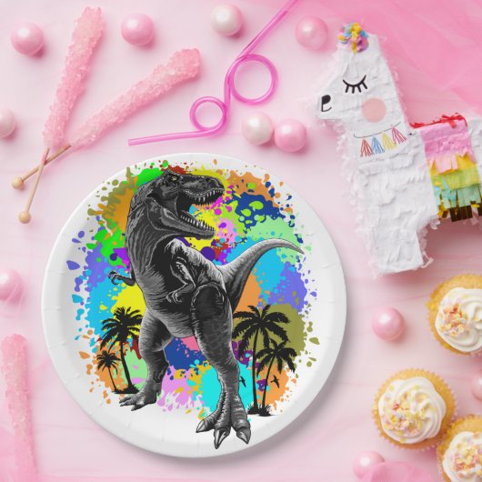 T-Rex Dinosaur Jurassic Reptile auf Paint Stains Pappteller (Party)