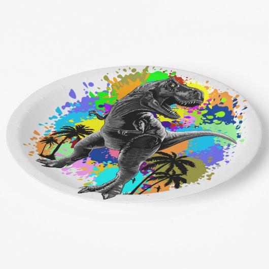 T-Rex Dinosaur Jurassic Reptile auf Paint Stains Pappteller (Schrägansicht)