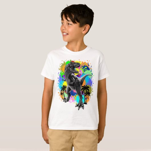 T-Rex Dinosaur Jurassic Reptile auf Paint Stains T-Shirt (Vorne ganz)