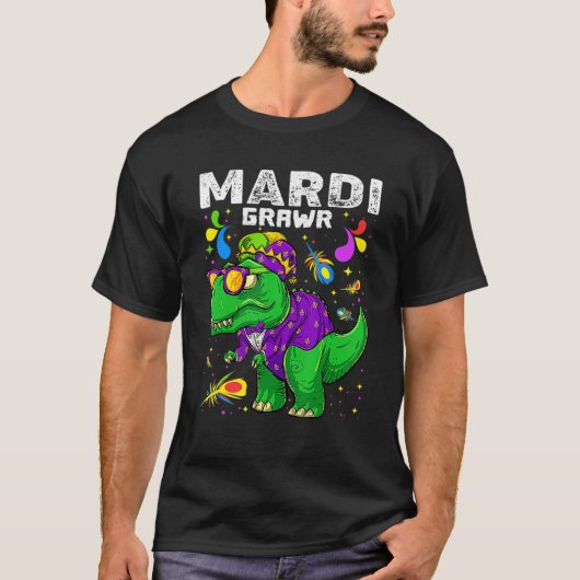 T Rex Dinosaur Mardi Gras Bead Costume Mardi Grawr T-Shirt (Vorderseite)