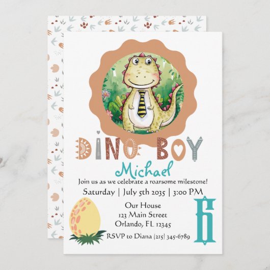 T Rex Dinosaur Niedlicher Junge Custom Kindergebur Einladung (Vorne/Hinten)