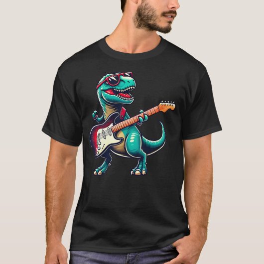 T-Rex Dinosaur Playing Guitar Musician Music T-Shirt (Vorderseite)