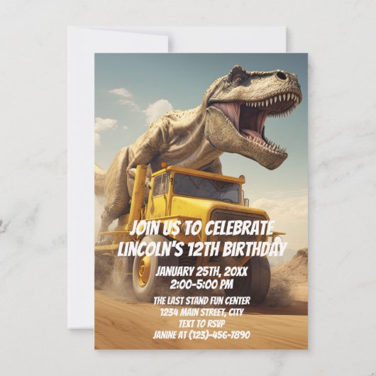 T-Rex Dinosaur Reiten auf einem Hügel Truck Geburt Einladung (Rückseite)
