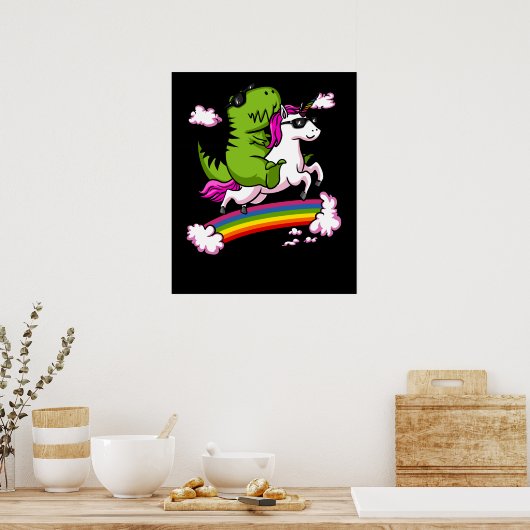 T-Rex Dinosaur Reiten Magisches Einhorn Regenbogen Poster (Küche)