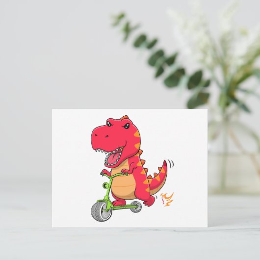 T-rex Dinosaur Riding A Green Scooter Postkarte (Stehend Vorderseite)