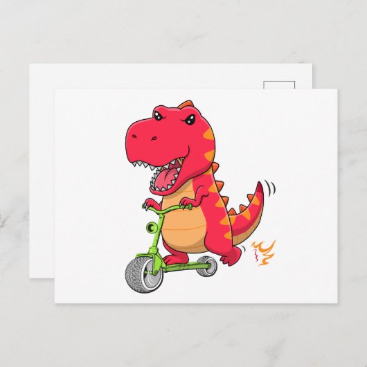 T-rex Dinosaur Riding A Green Scooter Postkarte (Vorne/Hinten)