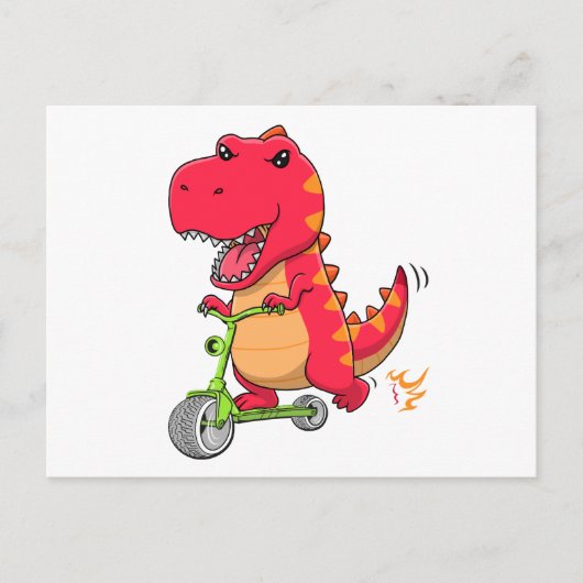 T-rex Dinosaur Riding A Green Scooter Postkarte (Vorderseite)