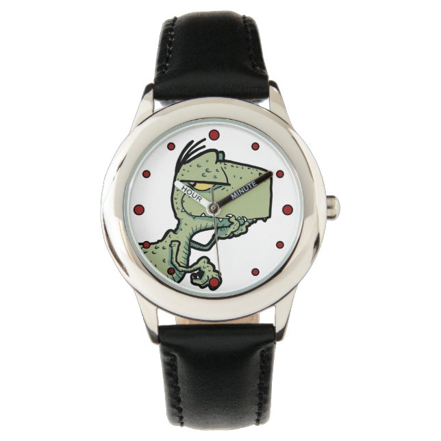 T-Rex Dinosaur Roter Grüner Cartoon Kinder Armbanduhr (Vorderseite)