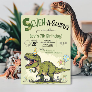 T-Rex Dinosaur Sieben-A-Saurus 7. Geburtstagsfeier Einladung