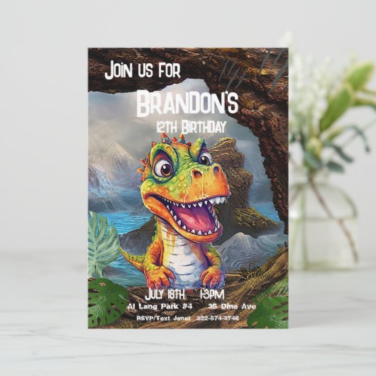 T-Rex, Dinosaur zum Geburtstag, Einladung (Stehend Vorderseite)