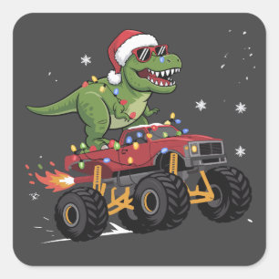 T-Rex Dinosaurien Weihnachts-Monstertruck  Quadratischer Aufkleber