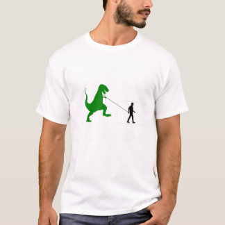 T-Rex Dinosaurier auf Leine gehend mit Mann T-Shirt