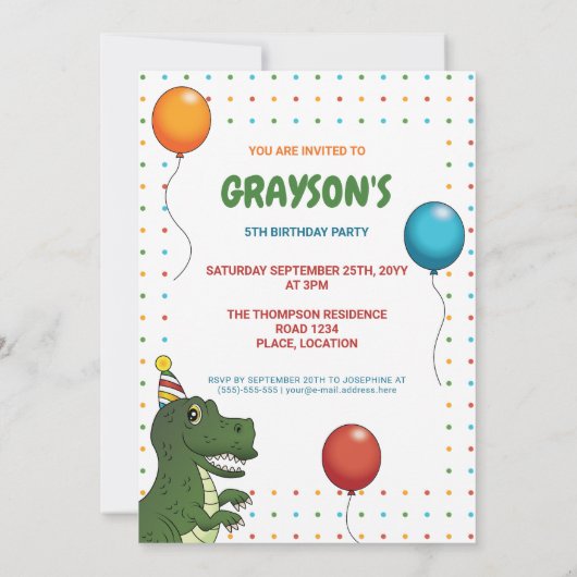 T-rex Dinosaurier farbenfrohe Balloons Kind zum Ge Einladung (Rückseite)