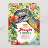 T-Rex Dinosaurier farbenfrohe Blumenmädchen zum Ge Einladung (Vorne/Hinten)