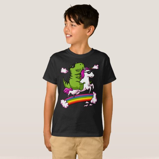 T-Rex Dinosaurier Riding Magical Unicorn Regenboge T-Shirt (Vorne ganz)