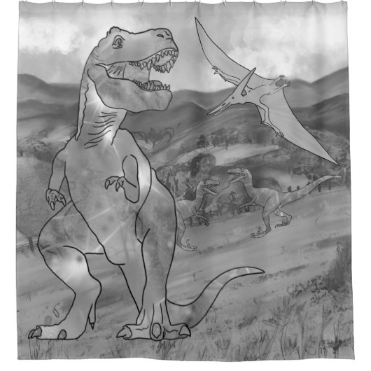 T Rex Dinosaurier Schwarz-Weiß Duschvorhang (Vorderseite)