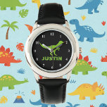 T rex Dinosaurier Uhr personalisiert mit Kindernam<br><div class="desc">Grüne Dinosaurier-Uhr personalisiert mit Kindernamen oder Monogramm-Brief. Niedliches prähistorisches t-rex Uhrendesign für kleine Jungen Geburtstagsparty. Machen Sie einen für Sohn, Enkel, neues Baby, Enkel usw. Wild Prähistorische T-Rex Cartoon Illustration für Kinder. Tyrannosaurus rex.</div>