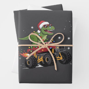 T-Rex Dinosaurier Weihnachts-Monstertruck  Geschenkpapier Set