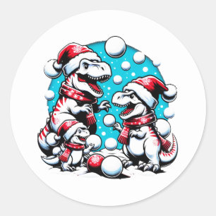 T-Rex Family Snowball Fight - Funny Christmas Dino Runder Aufkleber
