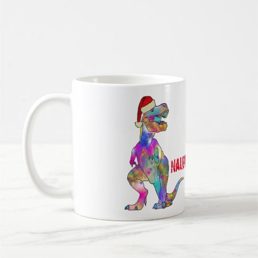 T Rex Festive Dinosaur Funny Naughty oder Nice Zit Kaffeetasse (Links)